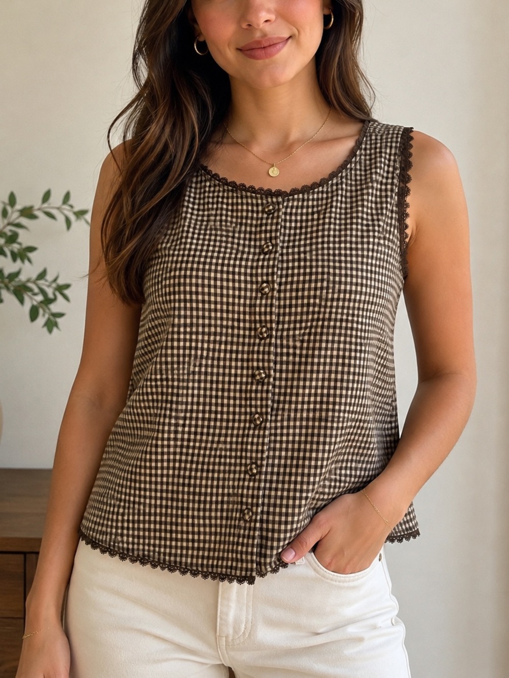100% Cotton RIHOAS Brown & Cream Gingham Button-Front Sleeveless Top